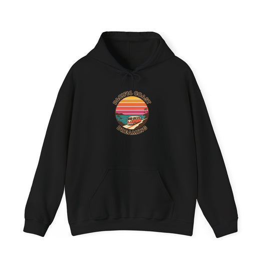 Pacific Coast Dreaming hoodie | 70s sunset surf graphic, vintage palm postcard