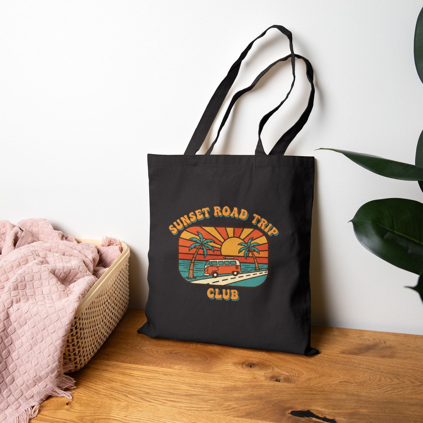 Golden Hour 70s Sunset Tote | Retro Surf Palm Postcard Canvas