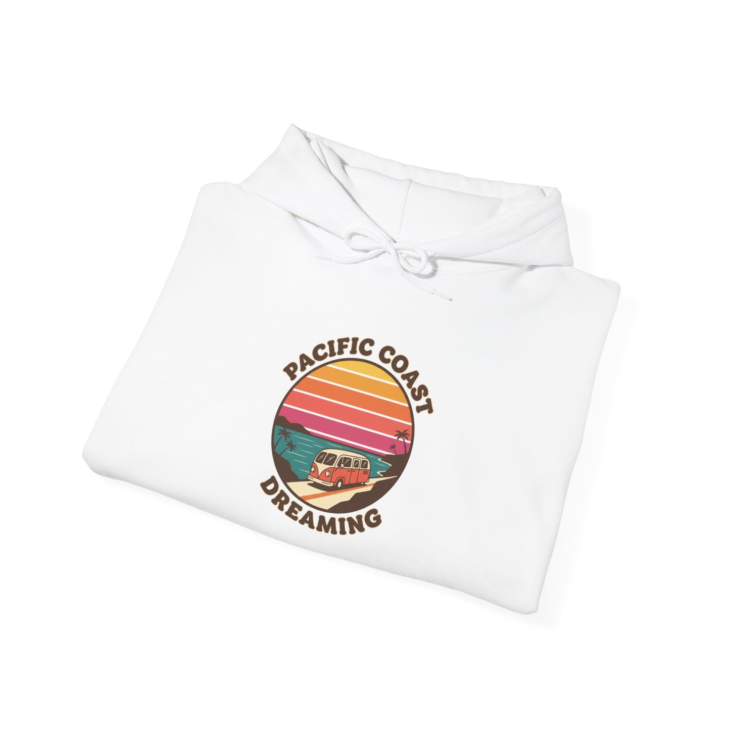 Pacific Coast Dreaming hoodie | 70s sunset surf graphic, vintage palm postcard