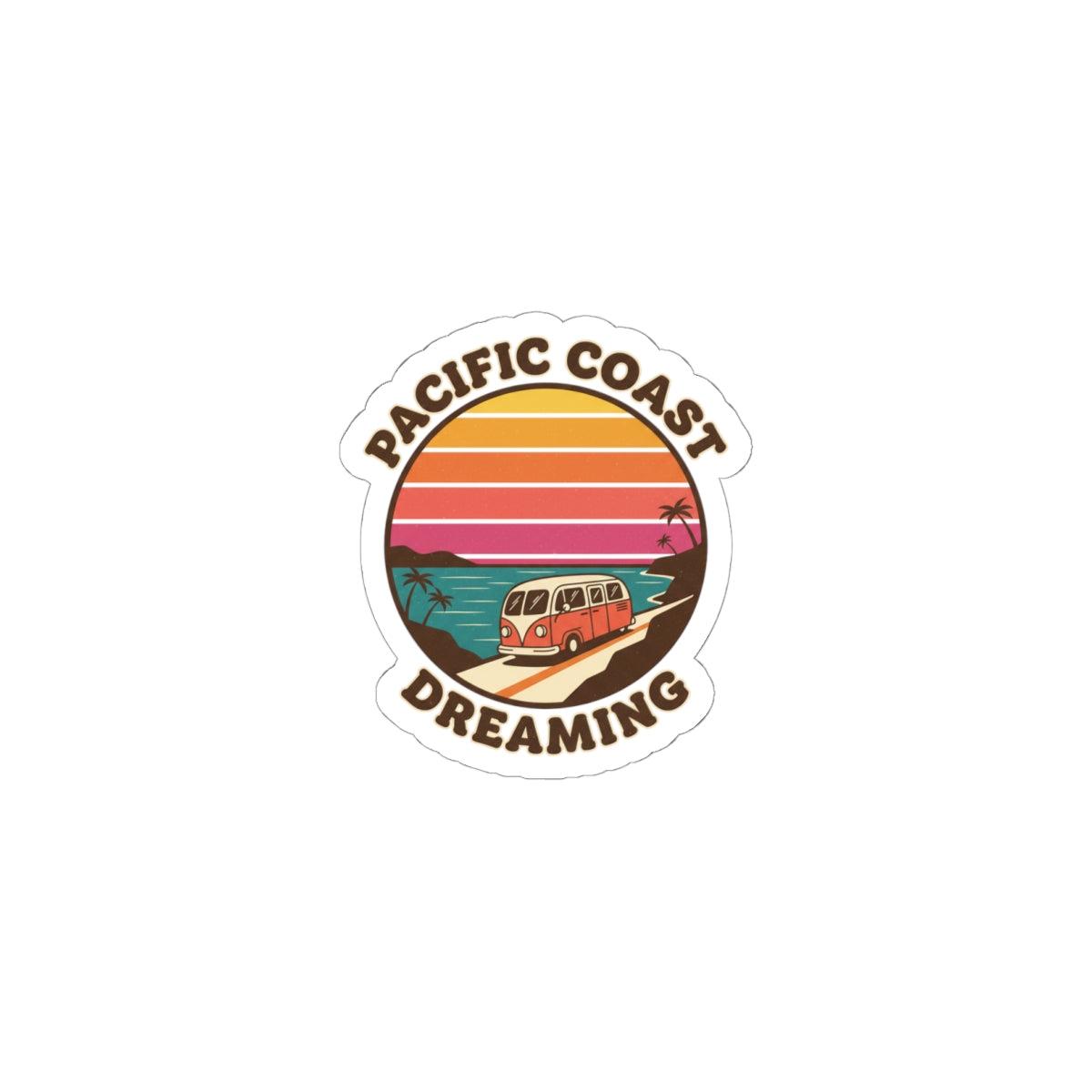 Pacific Coast Dreaming Kiss-Cut Sticker | 70s Sunset, Retro Surf Palm