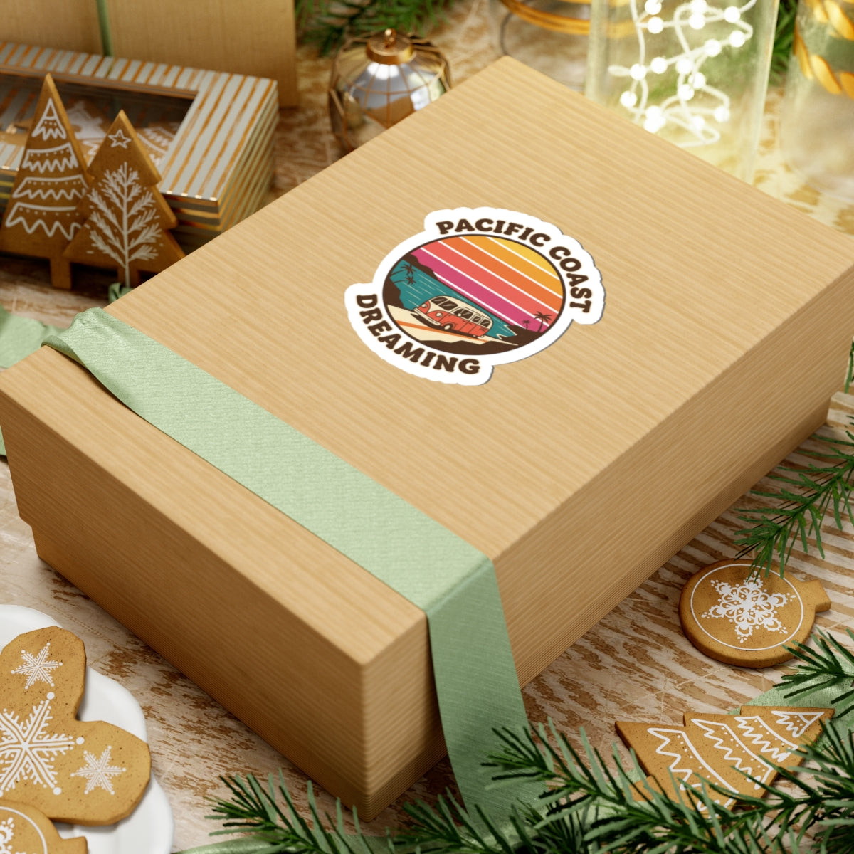 Pacific Coast Dreaming Kiss-Cut Sticker | 70s Sunset, Retro Surf Palm