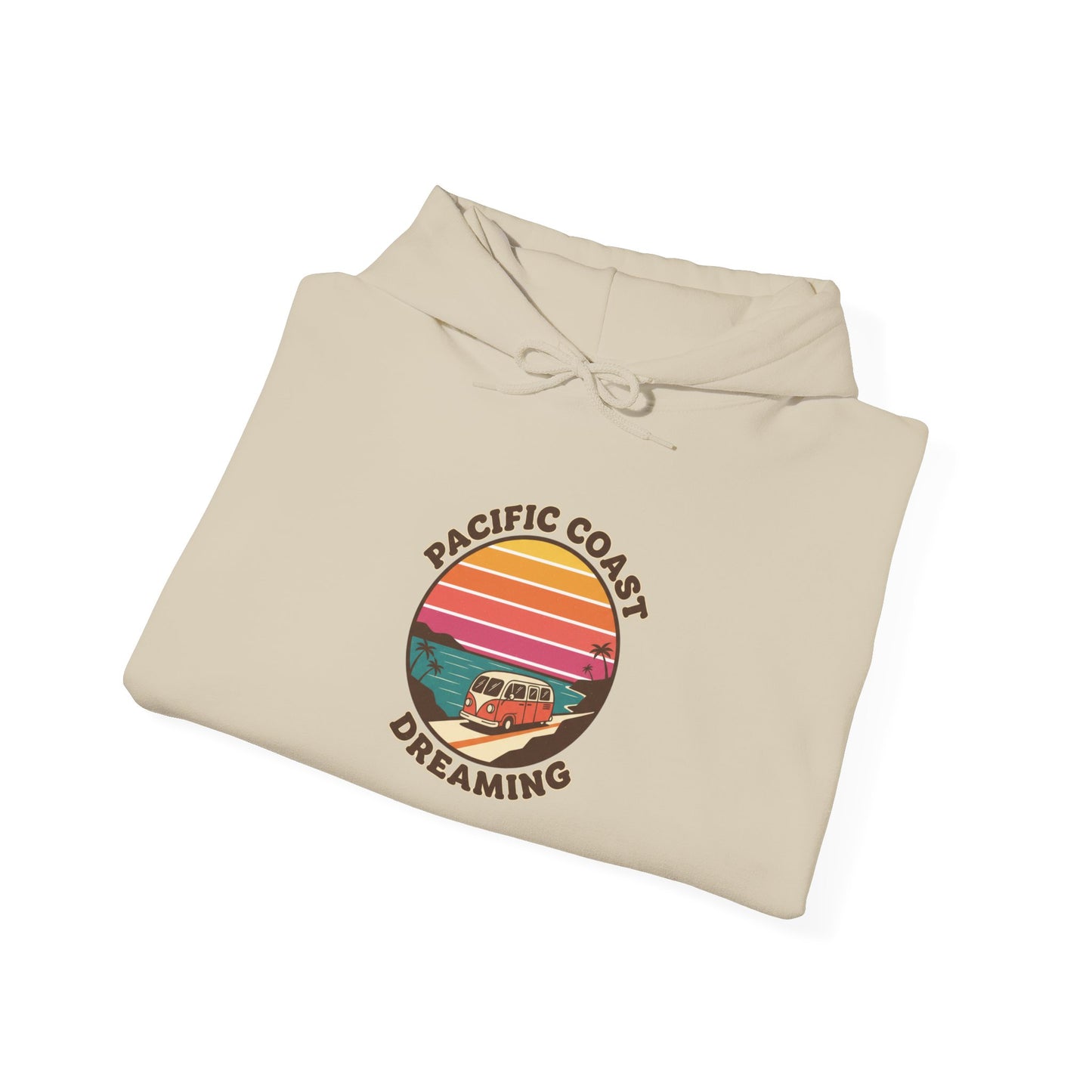 Pacific Coast Dreaming hoodie | 70s sunset surf graphic, vintage palm postcard