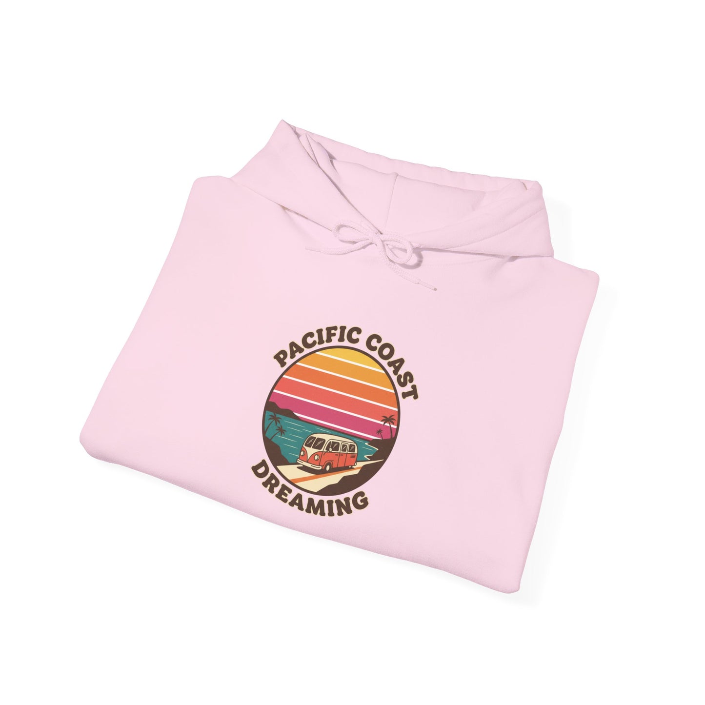 Pacific Coast Dreaming hoodie | 70s sunset surf graphic, vintage palm postcard