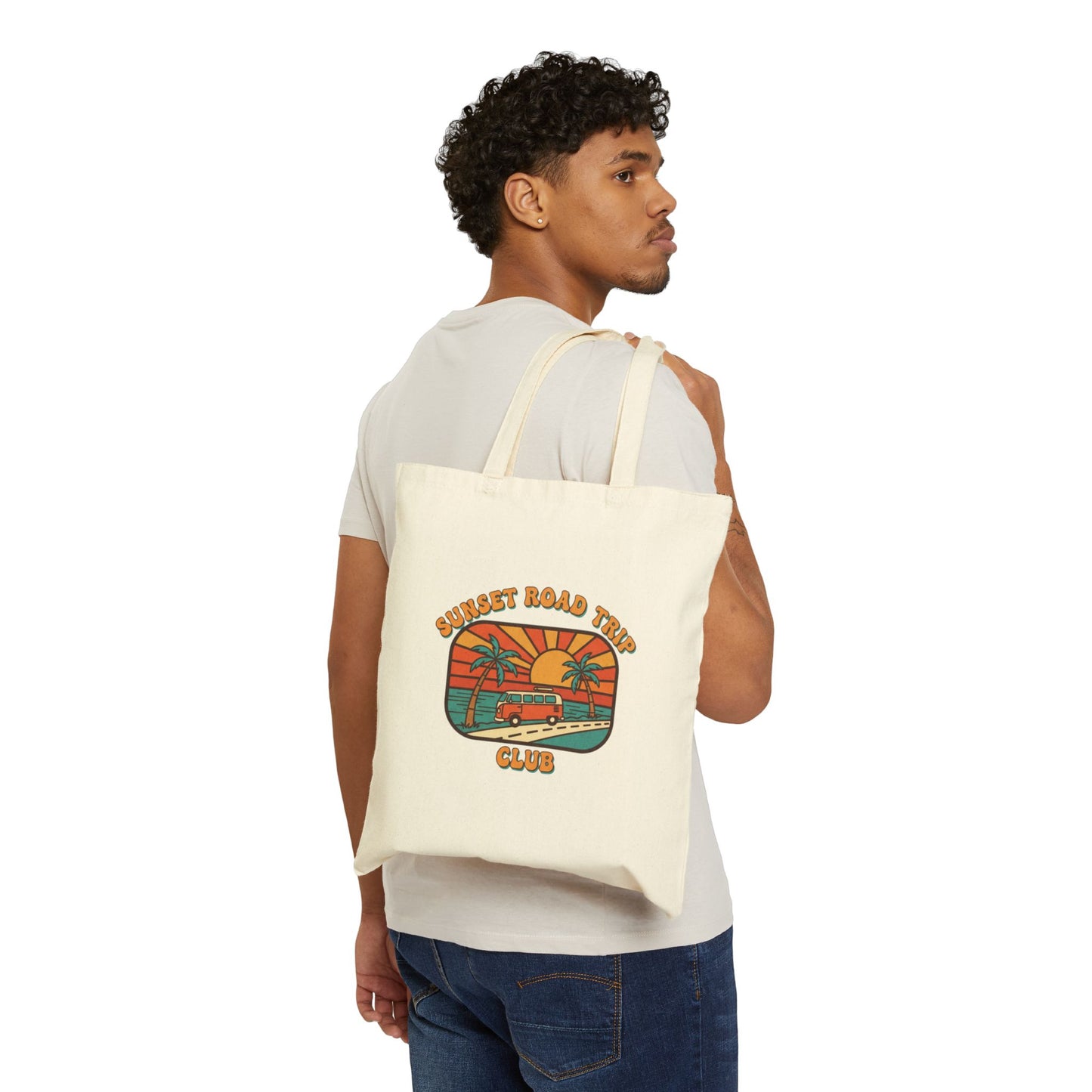 Golden Hour 70s Sunset Tote | Retro Surf Palm Postcard Canvas