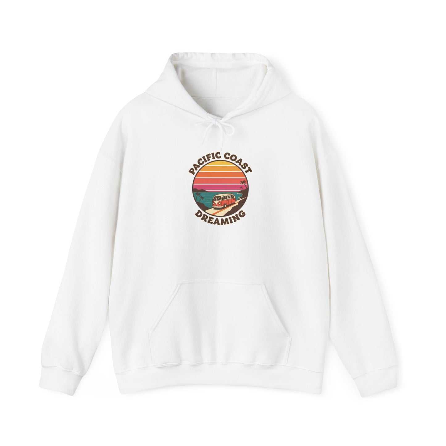 Pacific Coast Dreaming hoodie | 70s sunset surf graphic, vintage palm postcard