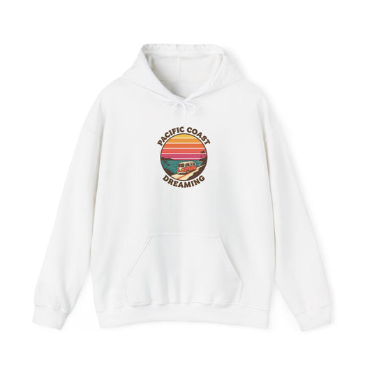 Pacific Coast Dreaming hoodie | 70s sunset surf graphic, vintage palm postcard