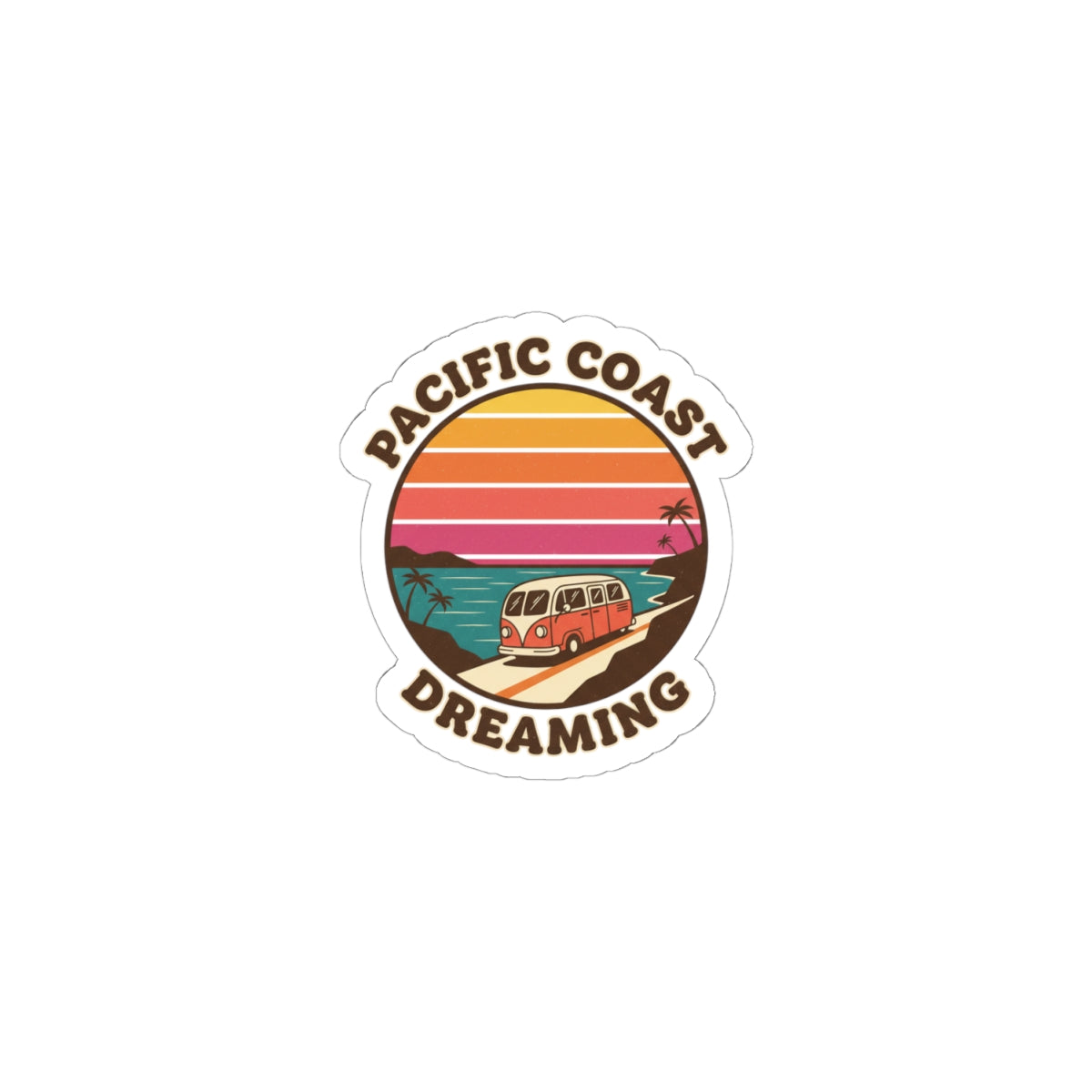 Pacific Coast Dreaming Kiss-Cut Sticker | 70s Sunset, Retro Surf Palm