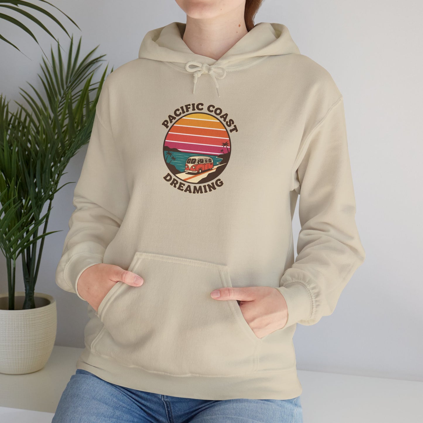 Pacific Coast Dreaming hoodie | 70s sunset surf graphic, vintage palm postcard