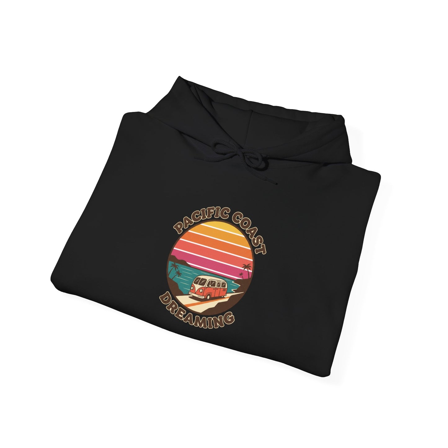 Pacific Coast Dreaming hoodie | 70s sunset surf graphic, vintage palm postcard