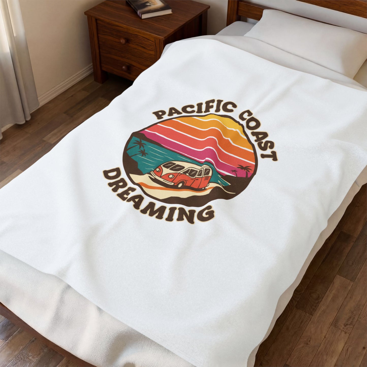 Pacific Coast Dreaming Velveteen Blanket | 70s Sunset Retro Surf Graphic