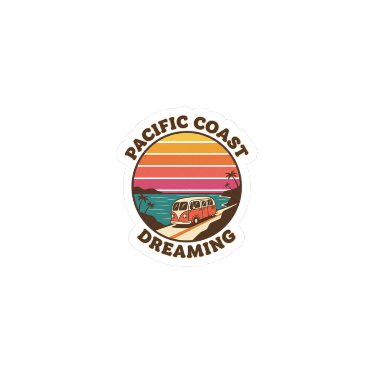 Pacific Coast Dreaming Kiss-Cut Sticker | 70s Sunset, Retro Surf Palm